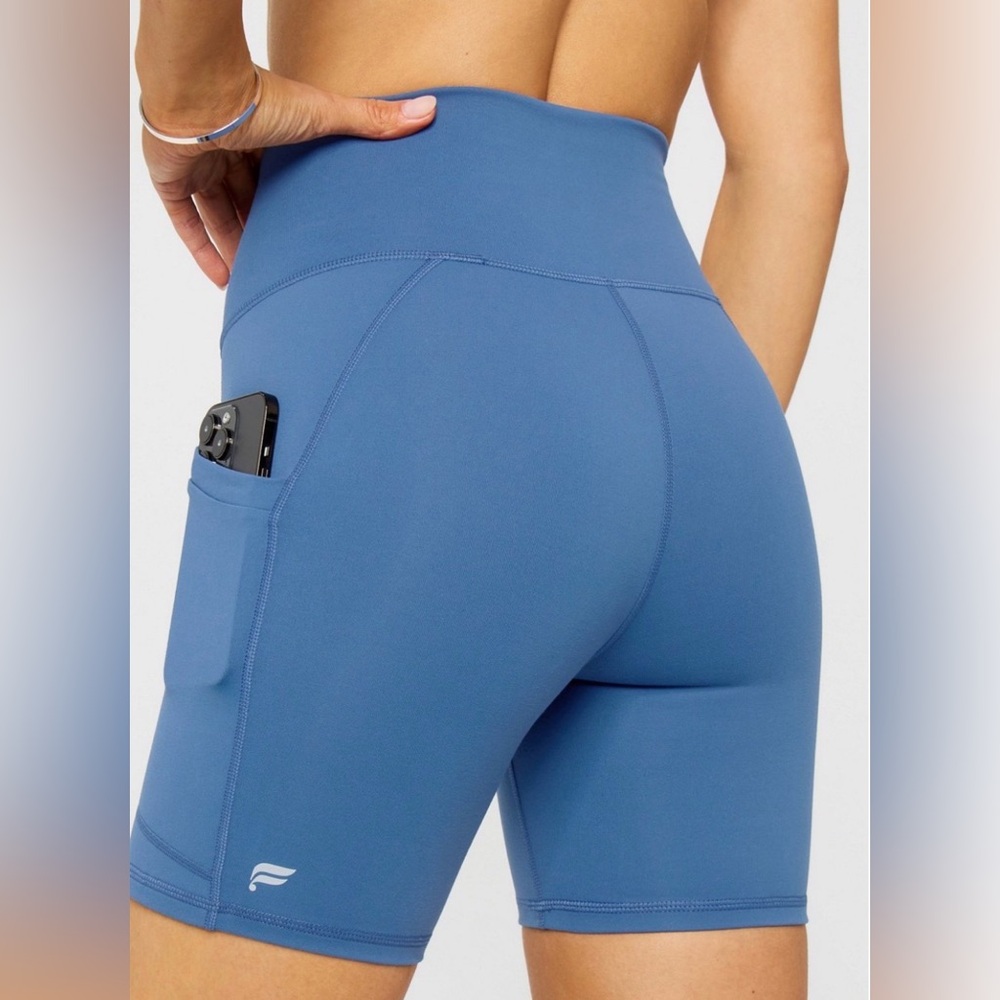 Fabletics Slate Blue High-Rise Bike Shorts with Side Pocket
